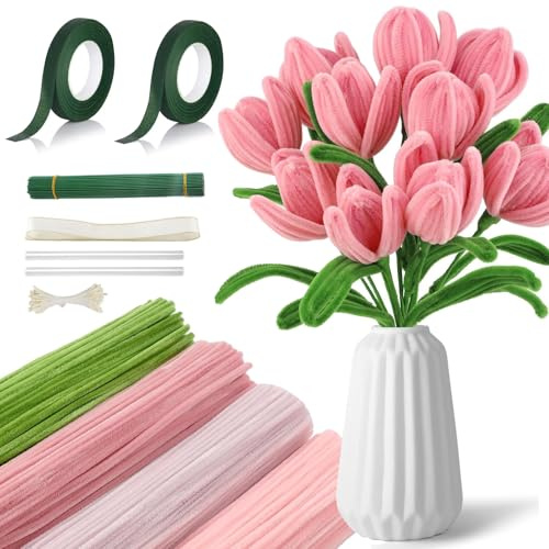 400 piezas Limpiapipas Manualidades en 4 Colores Limpiapipas Flores + 2 Cinta Verde para Regalos Artesanales Decoración del Hogar