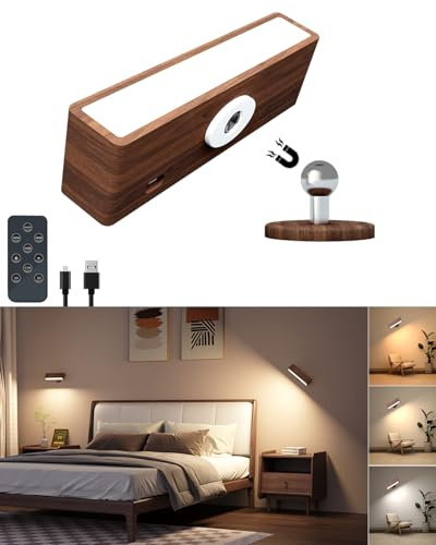 DetarZinLED Wandleuchte Akku mit Fernbedienung,1 Stück Wandlampe ohne Stromanschluss Holz,Dimmbar Wandleuchte ohne Bohren mit 3 Farbmodi,Touch Kabellose Innen,Nachttischlampe Wandmontage