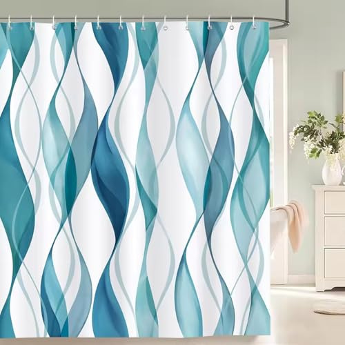Shower Curtain 180 × 180 cm - Blue and Teal Striped Shower Curtains Bathroom Curtains Modern Elegant Minimalist Design Waterproof Mildew Mould Quick-Drying Resistant Polyester Fabric with 12 Hook