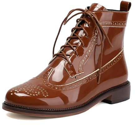 Gicoiz Mujer Cordones Invierno Charol Military Brogue Botas Comodo Tacón Ancho Medio Zip Chukka Ankle Botín Oficina Punta Rojoonda Marrón Talla 38 EU-39Cn