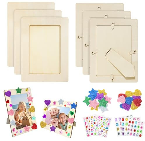 Itharon Cornice Foto in Legno, 6 Pezzi Cornici Vuote da Dipingere per Bambini, Compleanni - Set DIY con Pietre Scintillanti e Adesivi Stelle 3D
