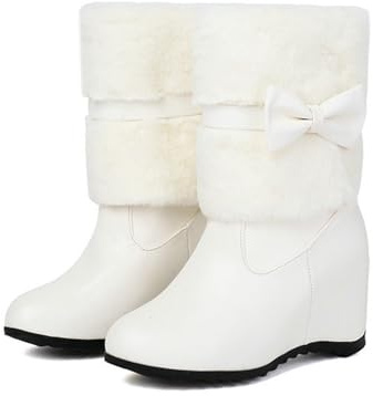 Damkorta Stövlar Med Kilklack Eleganta Ankelstövlar Med Rosetter Vintervarma Plyschfodrade Ankelboots PU-läder Höga Klackar for Bruden 43 Plus Size Ankelskor(White,41 EU)