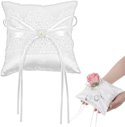 ADLABLD Ringkudde bröllop, vit spets vigselring kudde med satinband, 14,5 cm x 14,5 cm ringhållare kudde, ringkudde för bröllop och bröllop