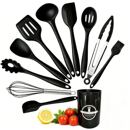 11pcs Utensilios de Cocina de Silicona sin BPA Resistentes Al Calor | Juego Utensilios Silicona Sin Rayar Sartenes Antiadherentes con Soporte Organizador, Set Antiadherente Resistente al Calor