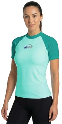 iQ-UV Shirt für Damen Kurzarm Slim-Fit – Rash Guard Schwimmshirt für Damen aus recyceltem Material – UV-Schutz Badeshirt zum Schwimmen, oder Sport – funktionales Surf-Shirt für Frauen