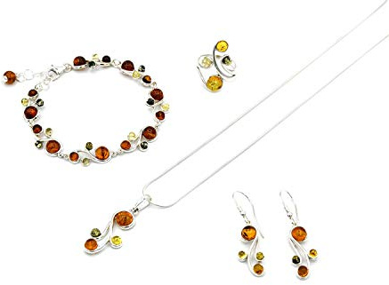 MyBer® Schmuckset aus Bernstein und Sterling Silber 925 Halskette Pendant Armband Ohrringe Ring Schmuck Set Damen