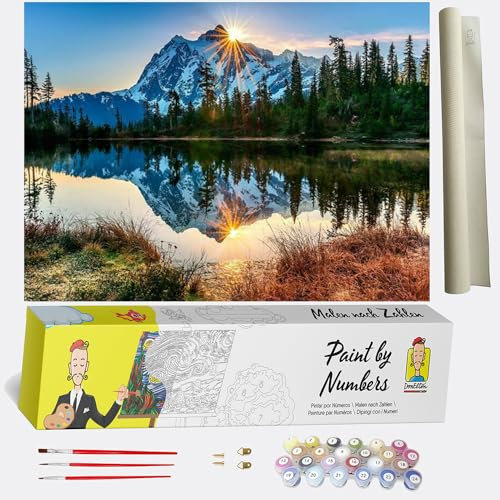 DonElton Malen nach Zahlen für Erwachsene, Landschaften – 40 x 50 cm, Malsets mit Pinseln, Acrylfarben und Leinen-Leinwand, rahmenlos – kreatives Geschenk (Berg und See)
