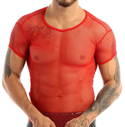 YEAHDOR T-Shirt Transparent Homme Tank Top Résille Col V Tee-Shirt Maillot de Corps Sport Fitness Musculation Été Clubwear M-3XL Rouge XL
