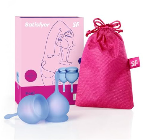 Coppetta mestruale Satisfyer Feel Good 2 pezzi | Coppette mestruali riutilizzabili e sostenibili, 15 e 20 ml | Facile da pulire e confortevole | Protezione di lunga durata in silicone medico: Blu