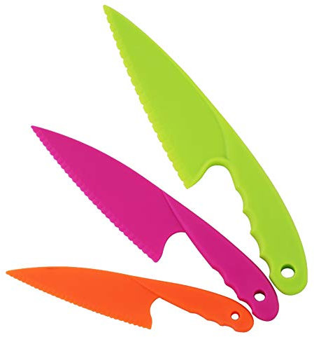 QincLing, set di 3 coltelli da cucina in plastica, per bambini, coltelli da chef in nylon, per cucinare in modo sicuro per la cottura, frutta, pane, torte, lattuga, coltello da insalata