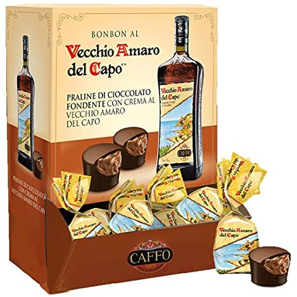 BONBON DI CIOCCOLATO AL VECCHIO AMARO DEL CAPO MARSUPIO 1KG Caffo Praline di cioccolato fondente ripiene con crema al gusto di Vecchio Amaro del Capo