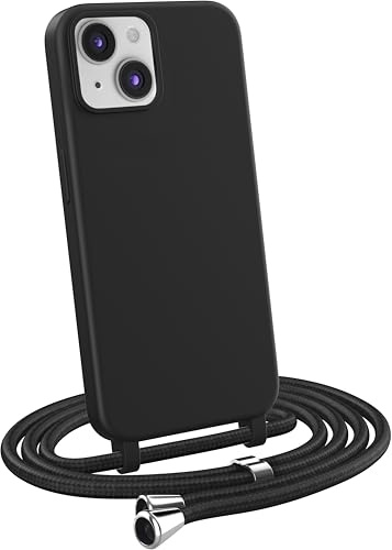 MyGadget Coque Cordon pour iPhone 13 - Cover Bumper Silicone Mat Uni avec Collier - Case Tour de Cou - Protection Anti Choc - Skin & Lanière Noir