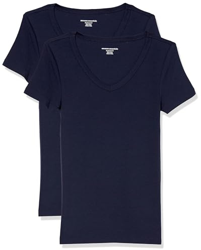 Amazon Essentials Women's Kortärmad V-ringad T-shirt smal passform, Pack of 2, Marinblå, M