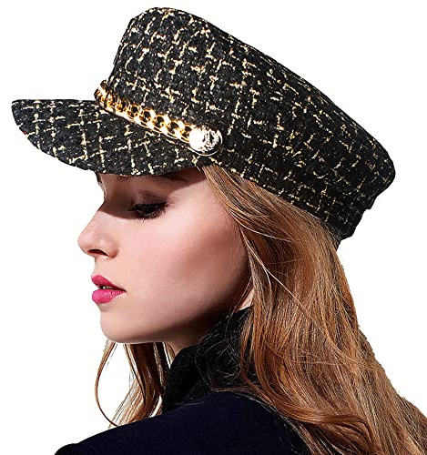 JowTreex Women Tweed-Plaid-Newsboy Fiddler Cap Classic Cabbie-Berets Hat Winter (as8, Alpha, one_Size, Black, Medium)