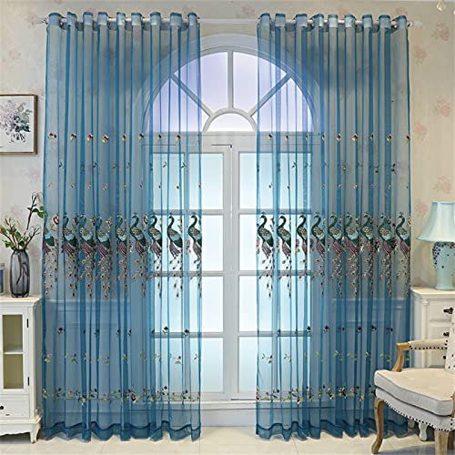 Voile Gardinen Vorhang Gardinen Transparent , 2 Stück Gardinen Vorhänge Vorhang Blickdicht mit Ösen Wohnzimmer Schlafzimmer Stores Küche - Blauer Pfau(B132 x H138cm)