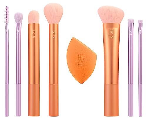 Real Techniques Level Up Brush And Sponge Kit, Makeup Brushes For Eyeshadow, Foundation, Blush, & Bronzer, Makeup Blending Sponge, Professional Quality Makeup Tools, Synthetic Bristles, 8 Piece Set