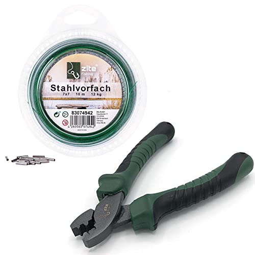 Zite Fishing Klemmhülsenzangen Kit - Quetschhülsen-Zange 15cm mit | Komfortgriffen - Stahlvorfach Ummantelt 12kg Tragkraft - 20 Quetschhülsen