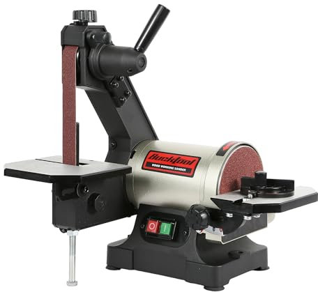 BUCKTOOL 250W Band-Tellerschleifer, 25.4x762mm Band 125mm Scheibe Schraubenschlüssel Aufbewahrung und einfaches Abnehmen der Riemenabdeckung, Direktantrieb Schleifteller Drehzahl 2980 min-1