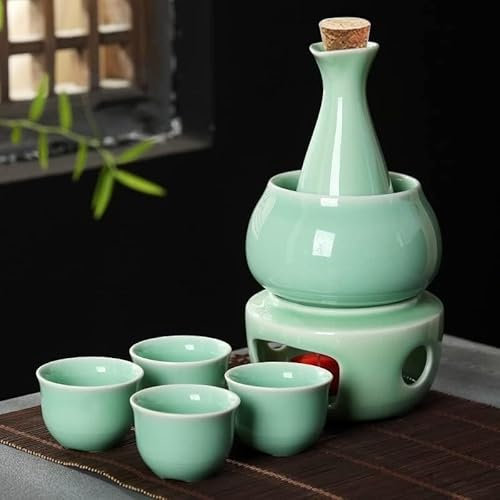 SPUZZO Sake-Set, for den Herd geeignet, traditionelles Japanisches Töpfer-Heiß-Saki-Getränk, 7-teilig, bestehend aus 1 Herd, 1 Warmhalteschüssel, 1 Sake-Flasche und 4 Tassen