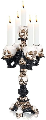 Portavelas Negro, Calavera Adorno Candelabros para Velas con 5 Brazos, Gótico Halloween Estatua de Resina Calavera, Aterrador candelabros para Velas Esqueletos Portavelas para Decoración del Hogar