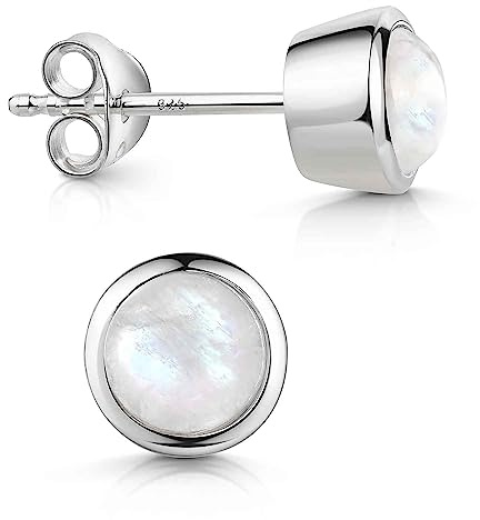 Mondstein Ohrringe Silber 925 Ohrstecker Damen Ø 7mm rund SO-242 | weiß schimmernder Silberstecker aus Sterlingsilber mit Edelstein in Schmuck Box von MATERIA by Matthias Wagner