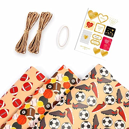Geschenkpapier für Kinder, Jungen, Kraft-Fußball und Basketball, Geschenkpapier mit Schnur, Aufkleber für Geburtstag, Babyparty, Urlaub, Chitimas, Party, 50 x 70 cm pro Rolle, Rotgrau