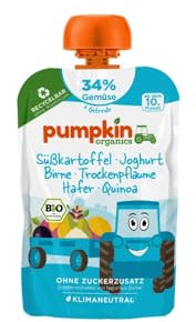Bio Gemüse-Getreide-Quetschie Süßkartoffel, Joghurt, Birne, Trockenpflaume, Hafer, Quinoa - Gemüsepüree, Fruchtmus und Getreide für Babys ab dem 10. Monat, recycelbarer Quetschbeutel (8er Pack)