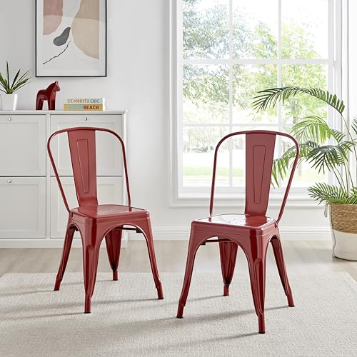 Furniturebox UK Colton 2x Red Metal Dining Chairs for Kitchen Or Dining Room Tolix Inspired Steel Powder Coated Stackable Lightweight Retro Bistro Industrial Dining Furniture Set of 2 Red Chairs