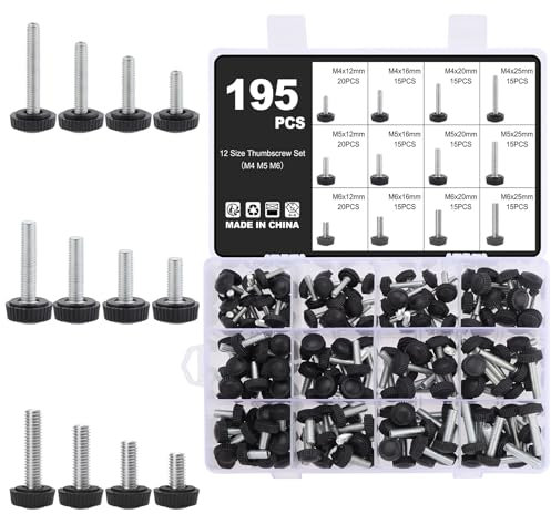 Knpwer 195 Pcs 12 Tailles Vis à Oreilles Moletées Filetées,Vis Moletées M4 M5 M6,Boulons de Poignée Moletés,Vis Tête Moletée Filetée en Acier au Carbone,Vis à Serrage Manuel Vis de Serrage Rondes