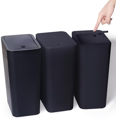 Vividron Lot de 3 petites poubelles de 10 l avec couvercle, couvercle à pression, petite poubelle pour salle de bain, cuisine, bureau, chambre à coucher (noir)