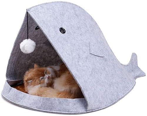 IRYZE Beruhigendes Katzenbett Nette Filz Haustier Katze Betten Nest Hund Haus Korb Kaninchen Haustier Höhle Lustige Fisch-Typ Haustier Nest Tragbare Faltbare Dreieck Haustierbett (Color : Grey)