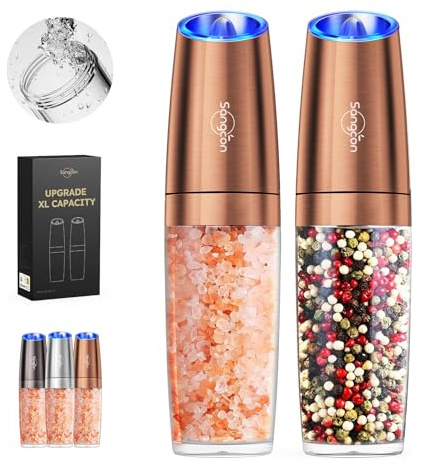 sangcon Gravity Electric Salt and Pepper Grinder Set Shakers UPGRADED 9OZ XL CAPACITY Battery Powered Refillable Automatic One Hand Operation Adjustable Coarseness Mill Grinder Set for Kitchen