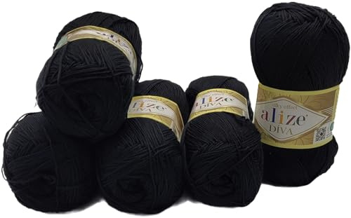 5 x 100 Gramm Strickgarn Ilkadim Export Diva einfarbig, 500 Gramm merzerisierte Strickwolle microfiber-Acryl (schwarz 60)