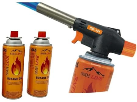 SMH LINE® Brûleur avec 2 cartouches de gaz butane Chalumeau avec 2 - Brûleur Bunsen - Brûleur à souder - Brûleur à gaz - Appareil de flammation - Lampe à souder - Cartouches de gaz