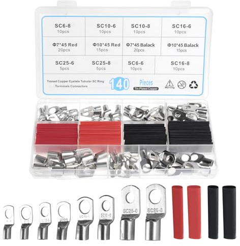 Rohrkabelschuhe Kabelschuhe Set，140 Stück Aderendhülsen 6mm² 10mm² 16mm² 25mm² für Kfz Batteriekabel Verteilerkästen, Ø M6/M8 Ringkabelschuhe set mit 70 Schrumpfschlauch 2: 1