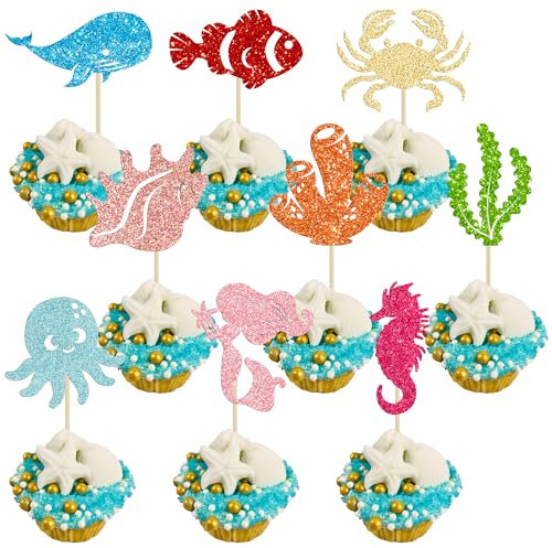 Ephlyn 36Pcs Mermaid Cupcake Toppers Glitter Ocean Sea Animals Cupcake Toppers Starfish Sea Horse Coral Under the Sea Cupcake Picks for Ocean Theme Baby Shower Birthday Cake Decor Supplies