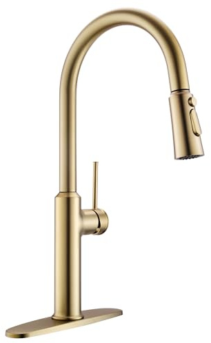 Lavatrum Kitchen Sink Faucets Brushed Gold, High-Arc Single Handle Kitchen Faucet with Pull Down Sprayer, Solid Brass Tall Kitchen Faucets 19 Inch