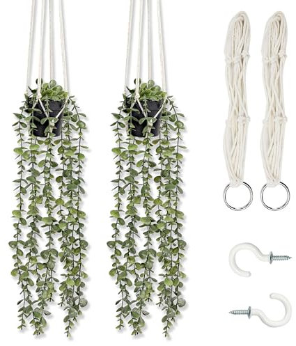 HanYun 2 Stück Hängepflanze Künstlich mit Töpfen, Kunstpflanze Hängend mit Makramee Blumenampel Künstliche Pflanzen Eukalyptus künstliche Pflanzen für Heimdekoration Schlafzimmer Badezimmer