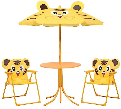 FENLAX 3-TLG. Garten-Bistro-Set für Kinder mit Sonnenschirm Gelb Gartengarnitur Gartenmöbel Set Terrassetisch Balkonmöbel Küchentisch Set Balkontisch Klapp Möbel Balkonset mit Stühle Gartenset