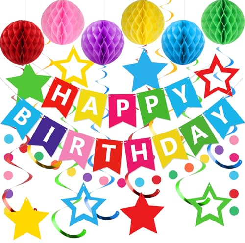 meowtastic Birthday Decorations, Happy Birthday Banner with Honeycomb Balls, Stars Hanging Swirls Streamers, Circle Dots Garland, Happy Birthday Party Decorations for Women Men Boys Girls (Rainbow)