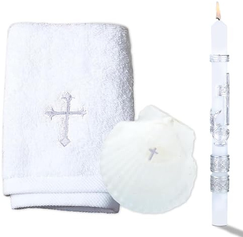 Baptism Candle Set for Boys and Girls - Baptism Kit Include Towel, Shell and Baptismal Candle, Velas para bautizo Christening Set Velas para bautizo de niño for Infants Kids