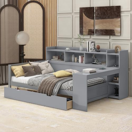 MQLAE Kinderbett Bettgestell 90x200cm mit Mehreren Ablagefächern, Daybett Schlafsofa Einzelbett mit Schreibtisch, Jugendbett Funktionsbett mit USB, Lattenrost, Grau