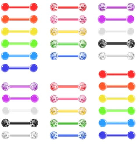 32 Stück Zungenpiercing Kunststoff Set 0.3G, 16mm Nippelpiercing Zungenpiercing Plastik Set Mit Leuchteffekt, Acrylic Tongue Piercing Wiederverwendbar, Zungenpiercing Barbell Set für Piercing Schmuck