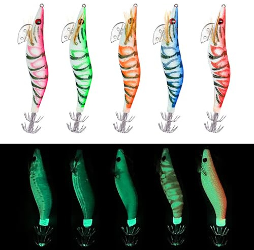 Señuelos de Camarones, 5 Piezas Cebo Duradero para Señuelos de Pesca de Calamar de Plástico Luminoso de Cebo de Calamar para Camarones, Calamares, Pesca Nocturna, Agua Dulce y Salada