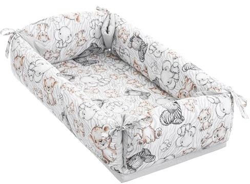 Nestchen Reisebett für Babys Säuglinge 98x58 cm – 2 in1 Babynest, Kuschelnest, Babymatte 100% Baumwolle – antiallergisch - atmungsaktive und weiche Babyliege mit Kopfstütze – (Das Zebra und der Löwe)