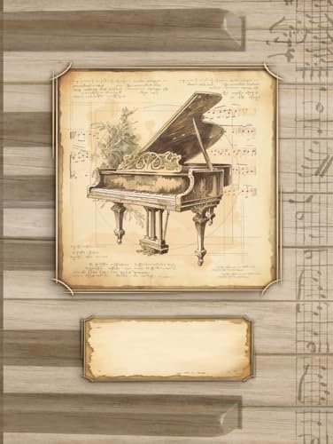 Notenheft: im antiken Vintage-Stil || Mit Rätseln zum Thema Musik || Notenpapier mit 12 Notensystemen je Seite || Ideal als Geschenk für Klavierspieler, Klavierlehrer, Musikstudenten