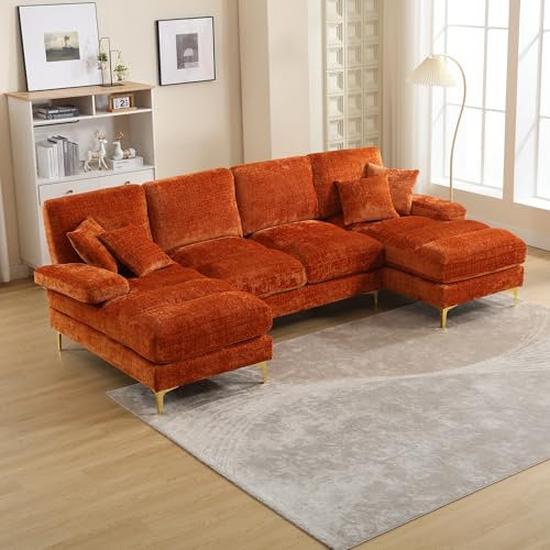 Modern hörnsoffa hörnsoffa med kuddar och armstöd, stoppade möbler, 4-sitsig U-formad soffa soffa med gyllene ben, chenille, loungesoffa, bekväm soffa för vardagsrum (orange)