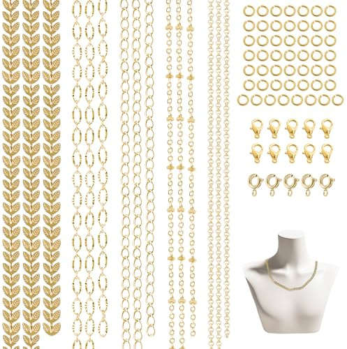 VEINARDYL 5 Stile 14 Karat vergoldete Halsketten-Ketten, 5 m lange Goldkette für DIY-Schmuckherstellung, vergoldete Armbandkette mit Karabinerverschlüssen und Biegeringverbindern
