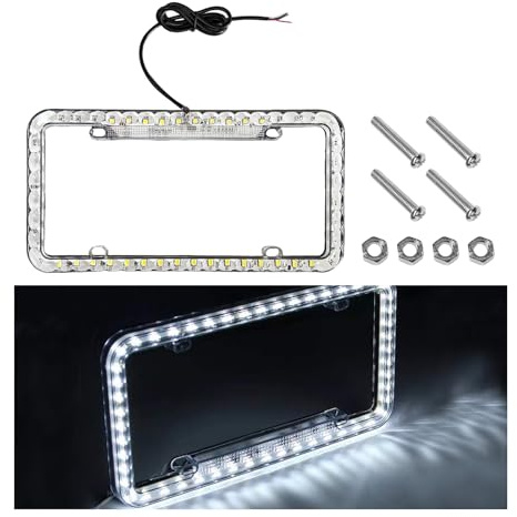 NYTKL 12V 48 LED Color Light License Plate Frame, Acrylic Plastic Licence Plate Cover with Bright LED Lights, Waterproof Car Tag Decor Front and Rear License Frame with Screws (White)