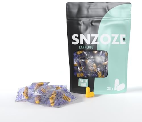 SNZOZE Ultra Soft Foam Ear Plugs, Perfect for Sleeping, 38dB SNR, Individually Wrapped, One Size (Yellow, Pack of 30 Pairs)